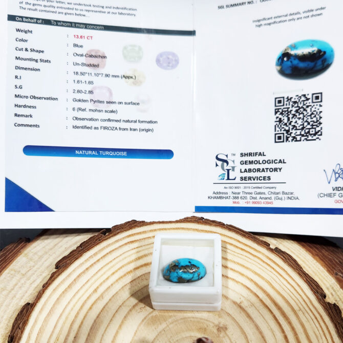 Certified Natural Turquoise (Irani Firoza) Stone