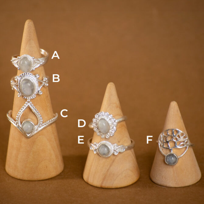 Rainbow Moonstone White Metal Adjustable Rings