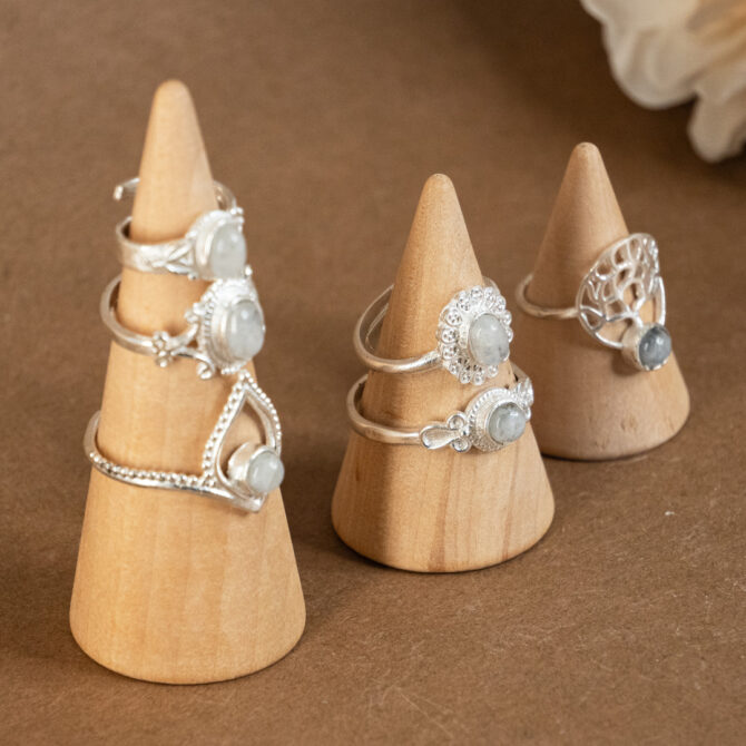 Rainbow Moonstone White Metal Adjustable Rings