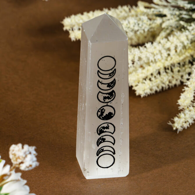 Selenite Tower - Moon phase Carving