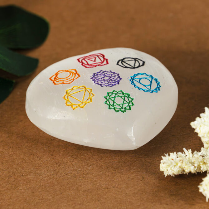 Selenite Heart - 7 Chakra Engraved