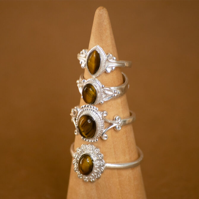 Tiger Eye White Metal Adjustable Rings