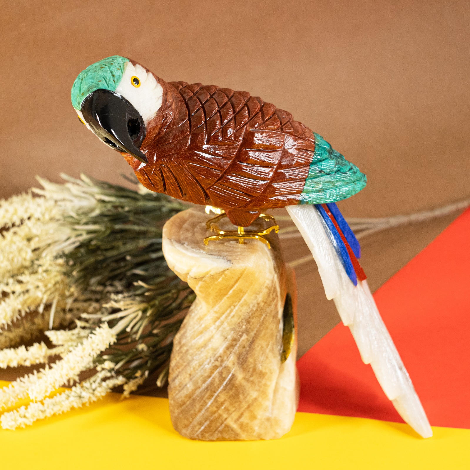 Red Jasper Parrot with Trunk base on Aragonite Log
