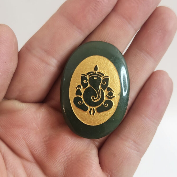 Green Jade Ganesha Oval Stone - Harmony and Prosperity